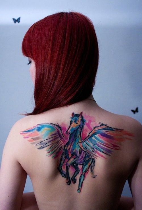 Watercolor Fantasy Tattoo On Upper Back