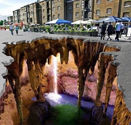 Waterfall Street Chalk Optical Illusion Picture