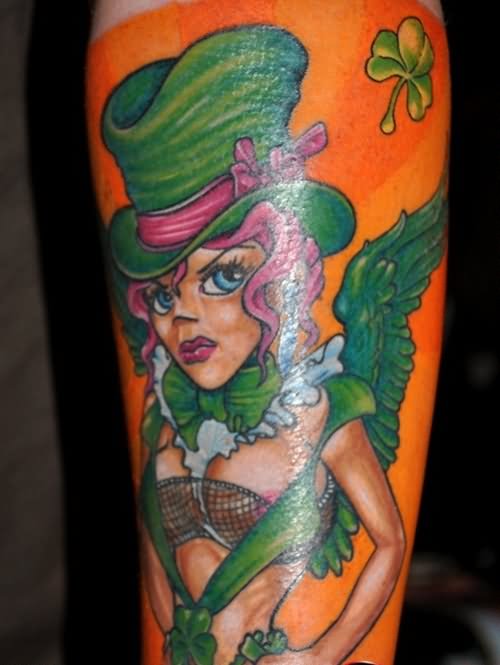 Winged Leprechaun Girl Tattoo On Leg