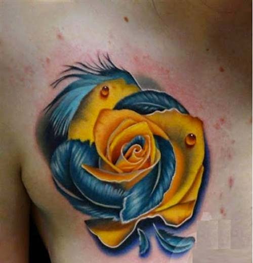 Yellow And Blue Rose Fantasy Flower Tattoo