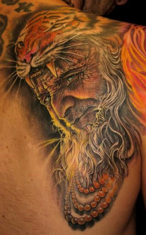 Zeus Tiger Fantasy Tattoo On Right Back Shoulder