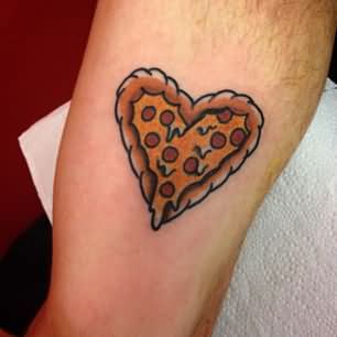 Amazing Heart Shape Pizza Tattoo Design For Bicep