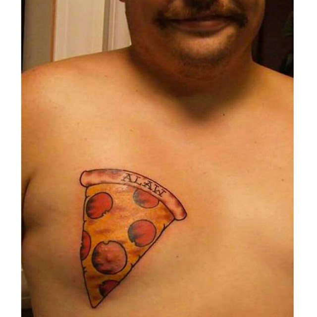 Amazing Pizza Piece Tattoo On Man Chest