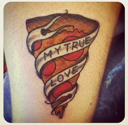 Amazing Pizza Piece With Banner Tattoo Design