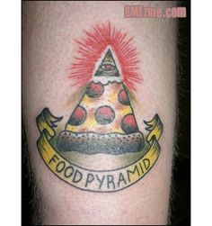 Awesome Illuminati Eye Pizza Piece With Banner Tattoo Design
