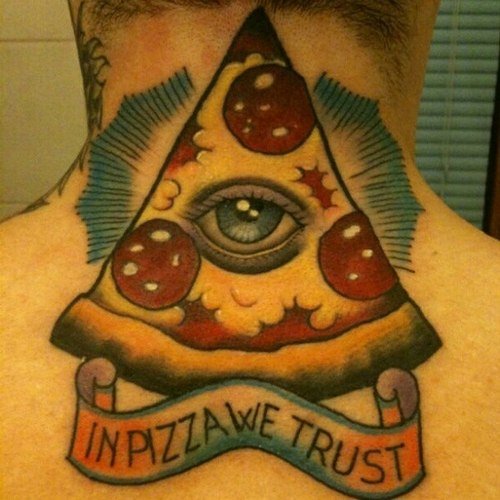 Awesome Illuminati Eye Pizza With Banner Tattoo On Back Neck