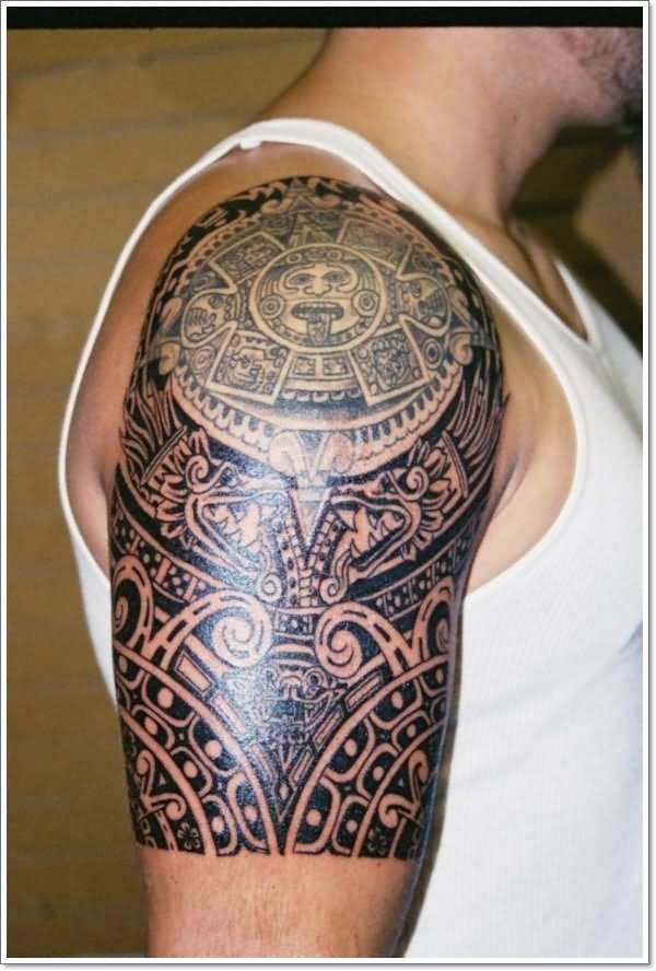Aztec Mexican Tattoo On Man Right Half Sleeve