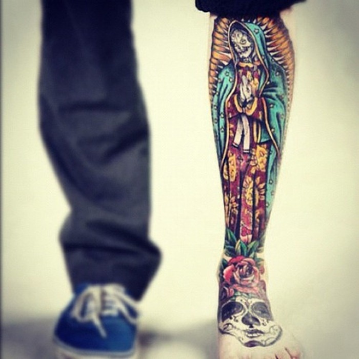 Beautiful Praying Lady Mexican Tattoo On Leg