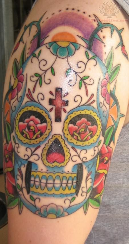 Best Color Sugar Skull Mexican Tattoo On Half Sleeve