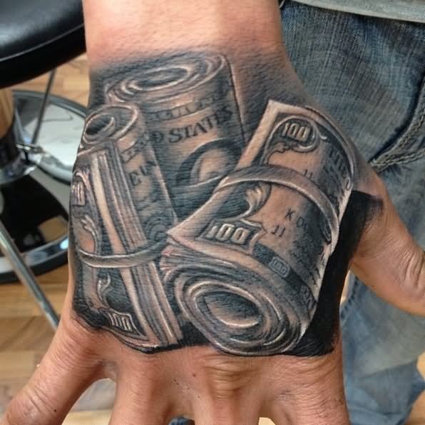 Black And Grey Gambling Money Tattoo On Right Hand