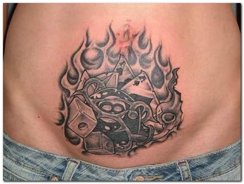 Black And Grey Gambling Tattoo On Belly