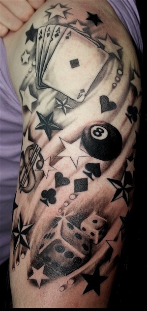 Black And Grey Gambling Tattoo On Left Half Sleeve