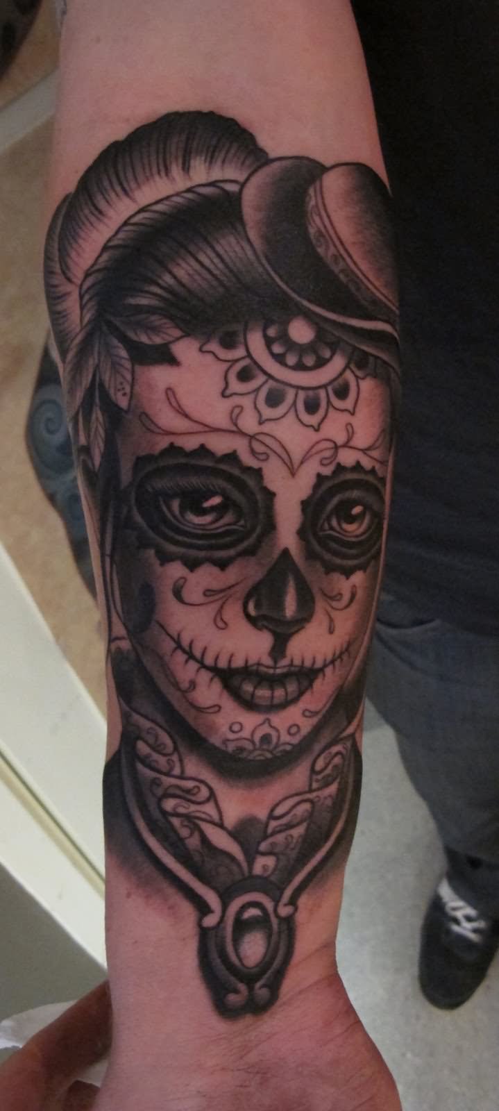 Black And Grey Mexican Girl Tattoo On Forearm