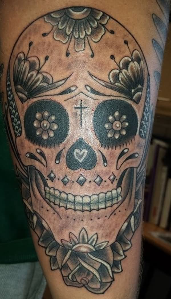 Black And Grey Mexican Pieta Candy Skull Tattoo