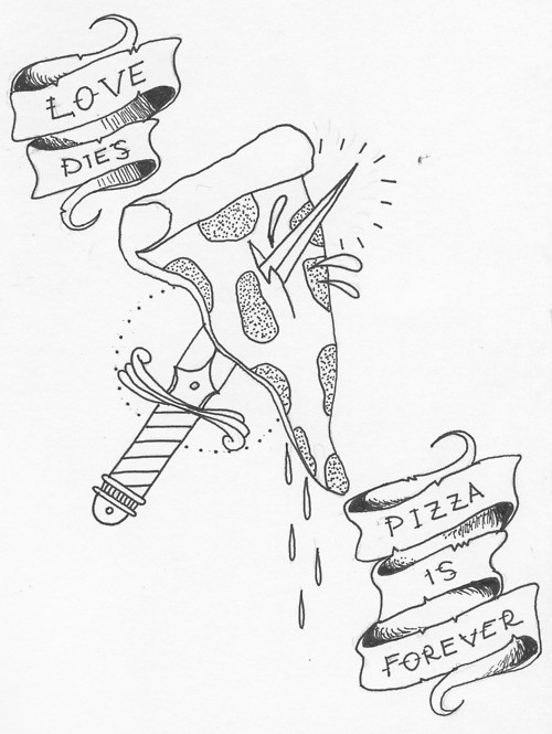 Black And White Dagger In Pizza Piece With Banner Tattoo Stencil