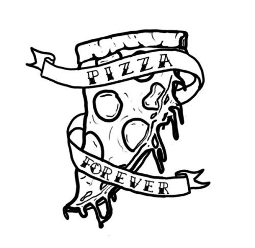 Black And White Outline Melting Pizza Slice With Banner Tattoo Stencil