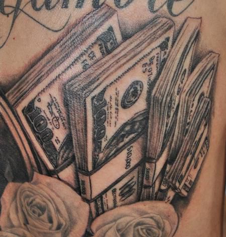 Black And White Rose And Gambling Money Tattoo