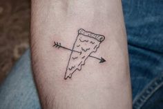 Black Outline Arrow In Pizza Piece Tattoo Design For Arm