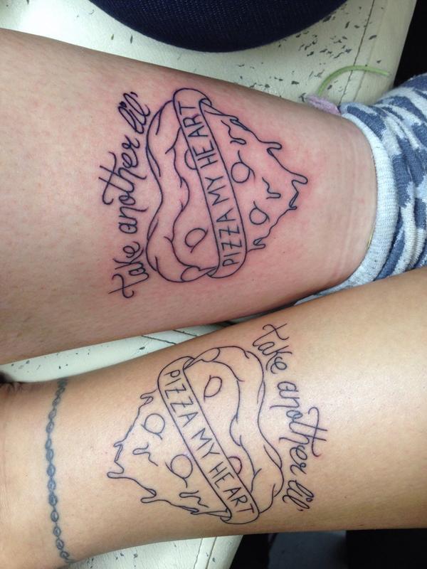 Black Outline Heart Pizza With Banner Tattoo On Couple Leg