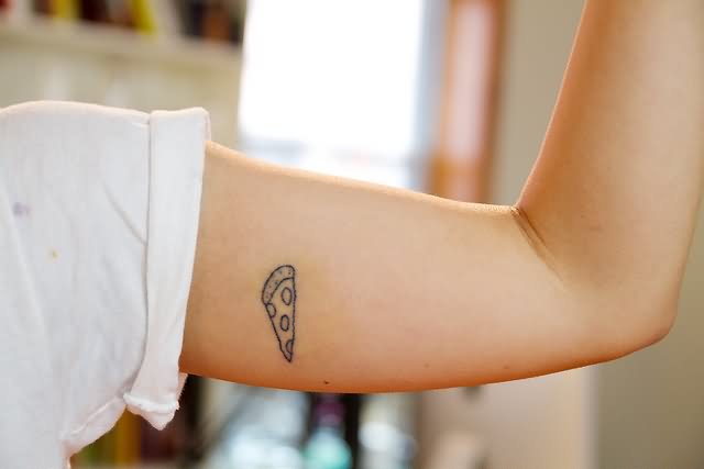 Black Outline Pizza Piece Tattoo On Half Sleeve
