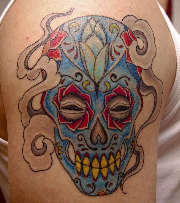 Blue Ink Mexican Skull Tattoo On Shoulder