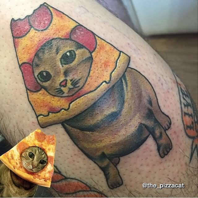 Cat Head In Pizza Piece Tattoo Design