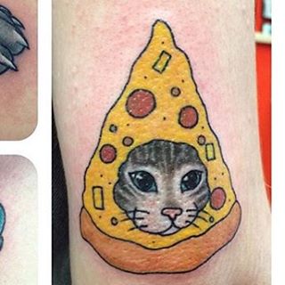 Cat Head In Pizza Slice Tattoo Design For Half Sleeve