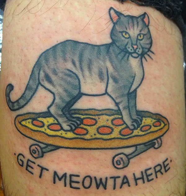 Cat On Pizza Skating Board Tattoo Design