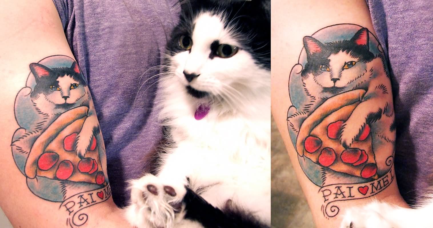 Cat With Pizza Piece And Banner Tattoo On Half Sleeve By Stacey Martin