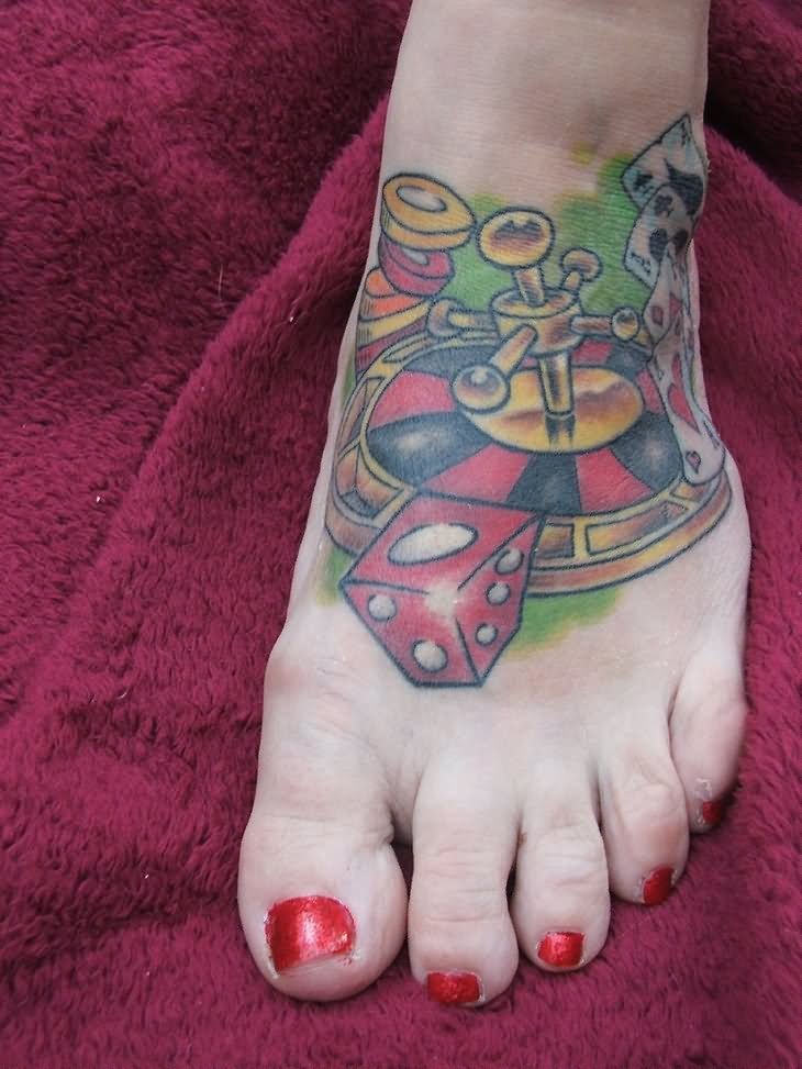 Color Ink Gambling Tattoo On Girl Left Foot