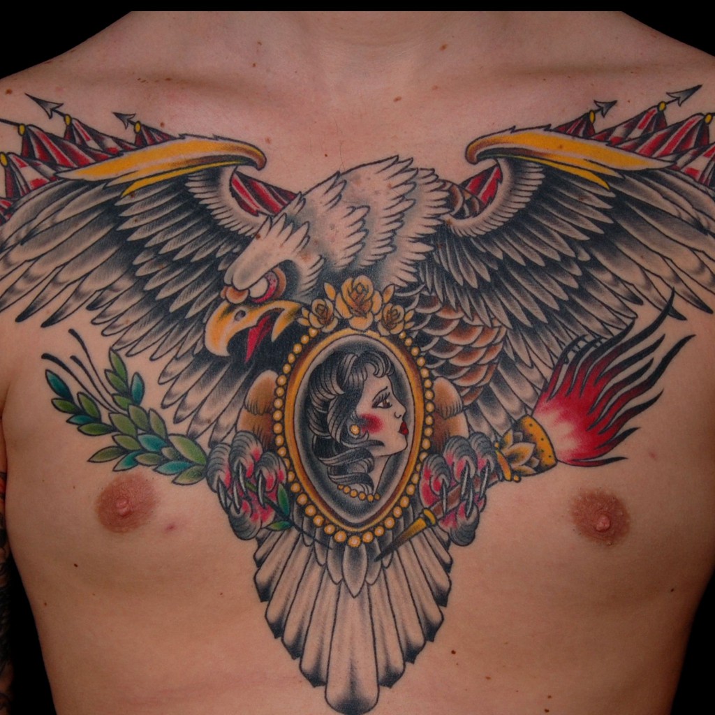 Color Ink Mexican Eagle Tattoo On Chest