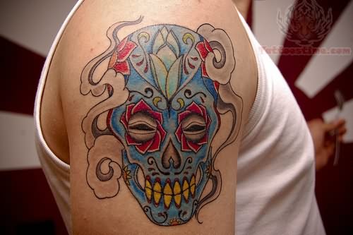 Color Mexican Skull Tattoo On Right Shoulder