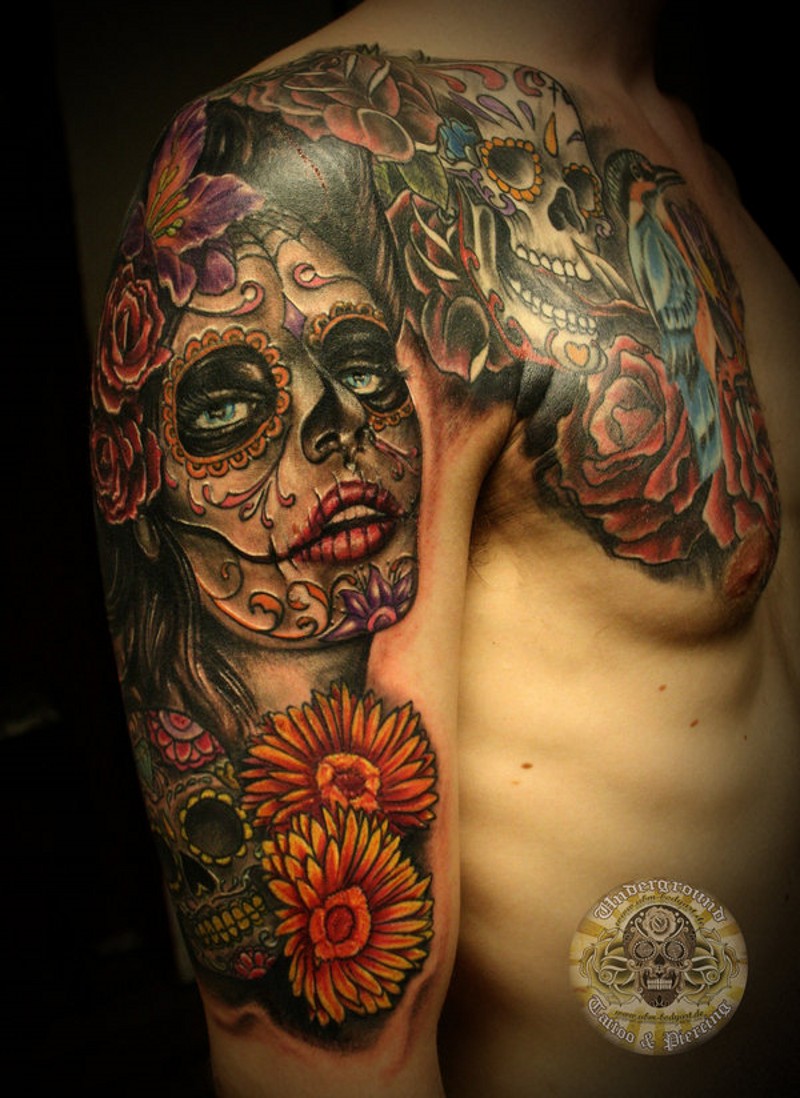 Colored Mexican Tattoo On Half Sleeve and Chest