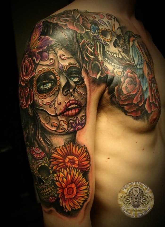 Colored Mexican Tattoo On Right Shoulder And Chest