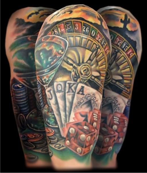 Colorful Casino Gambling Tattoo On Half Sleeve