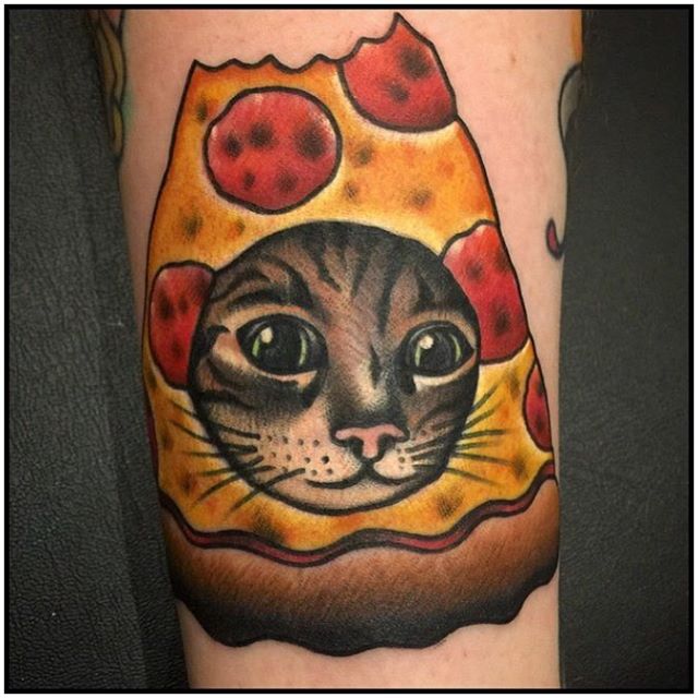 Colorful Cat Head In Pizza Slice Tattoo Design For Sleeve