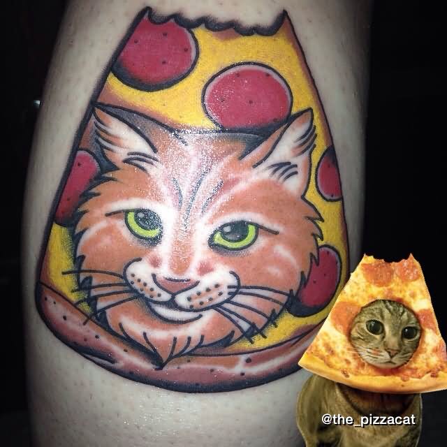 Colorful Cat Head With Pizza Slice Tattoo Design