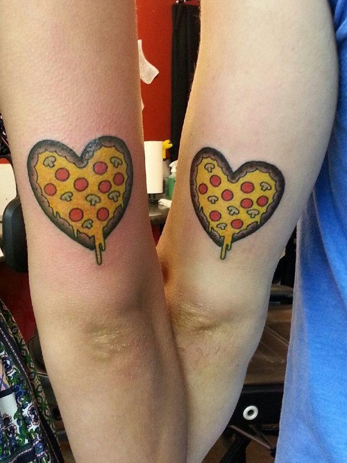Colorful Melting Heart Pizza Tattoo On Couple Half Sleeve