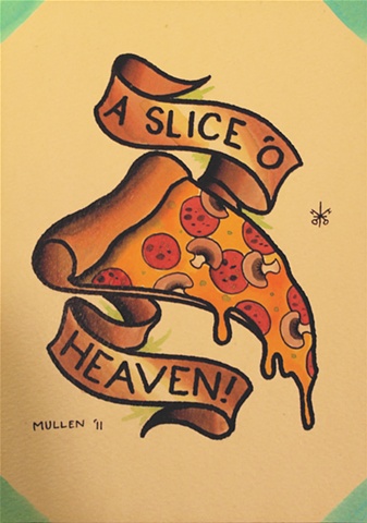 Colorful Melting Pizza Piece With Banner Tattoo Design