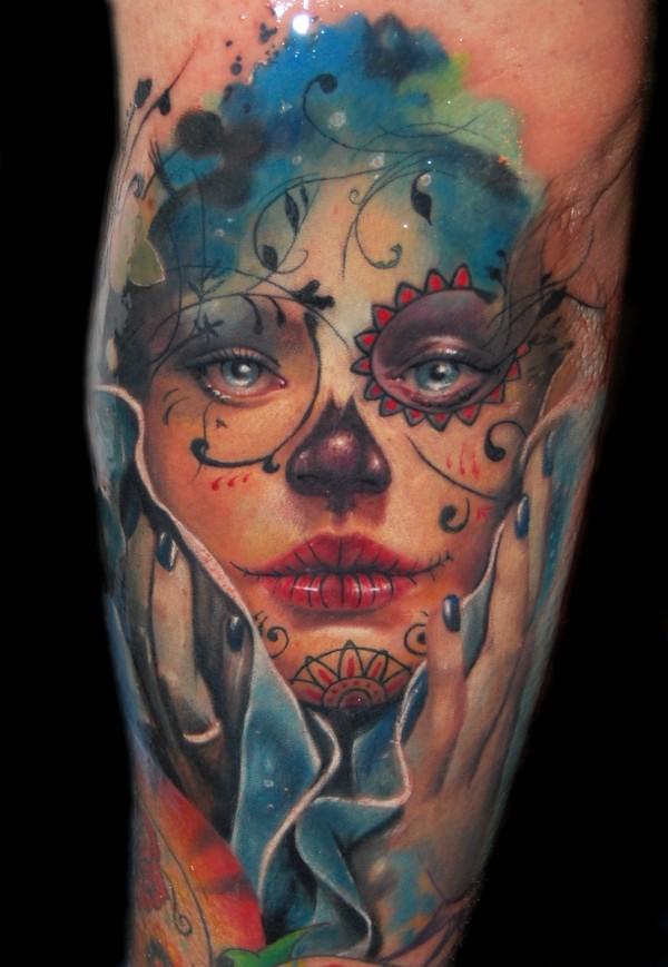 Colorful Mexican Girl Face Tattoo On Sleeve