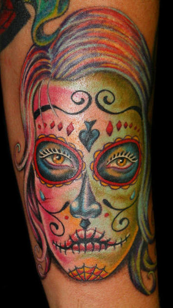 Colorful Mexican Girl Head Tattoo