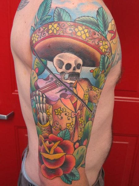 Colorful Mexican Tattoo On Man Right Half Sleeve