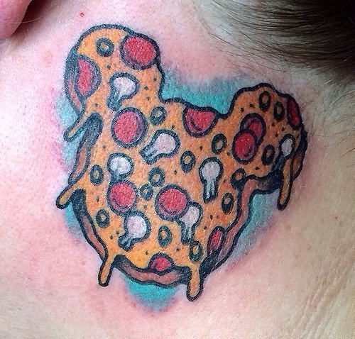Colorful Mickey Mouse Pizza Tattoo On Behind The Ear