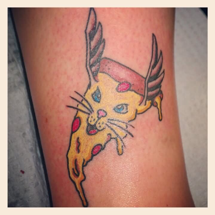 Cute Cat Face Pizza With Wings Tattoo Design By Collin Jordan