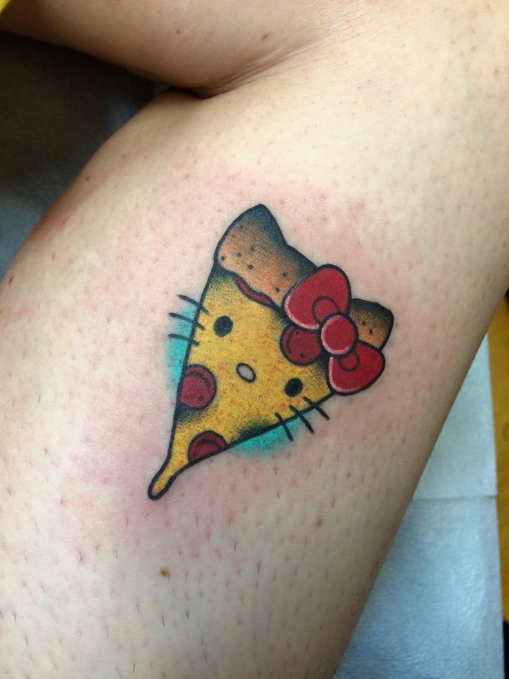 Cute Hello Kitty Pizza Piece Tattoo Design For Half Sleeve