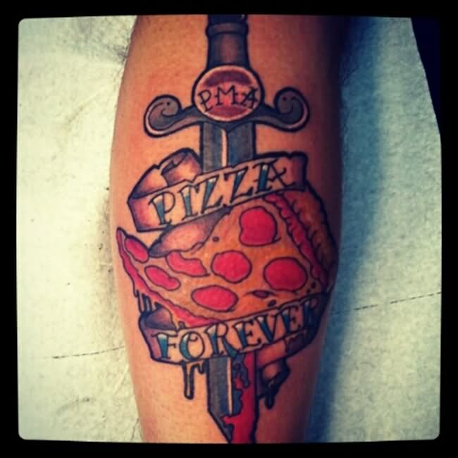 Dagger In Pizza Piece With Banner Tattoo Design For Leg
