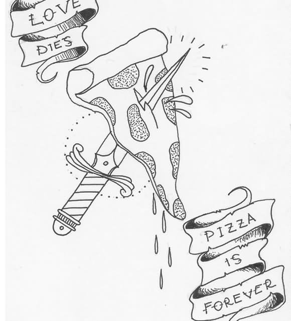 Dagger In Pizza Piece With Banner Tattoo Design