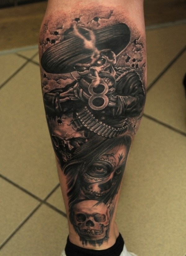 Dark Ink Mexican Tattoo On Back Leg