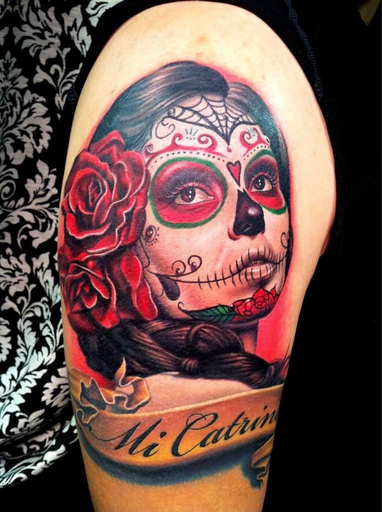 Day Of The Dead Mexican Tattoo On Right Shoulder