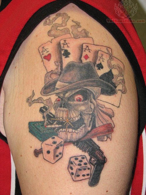 Dice And Gambling Skull Tattoo On Left Shoulder